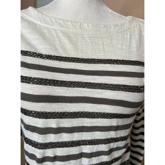 Ann Taylor LOFT Boat neck embellished blouse Sz Small Striped Ivory Long Sleeve - Picture 6 of 10